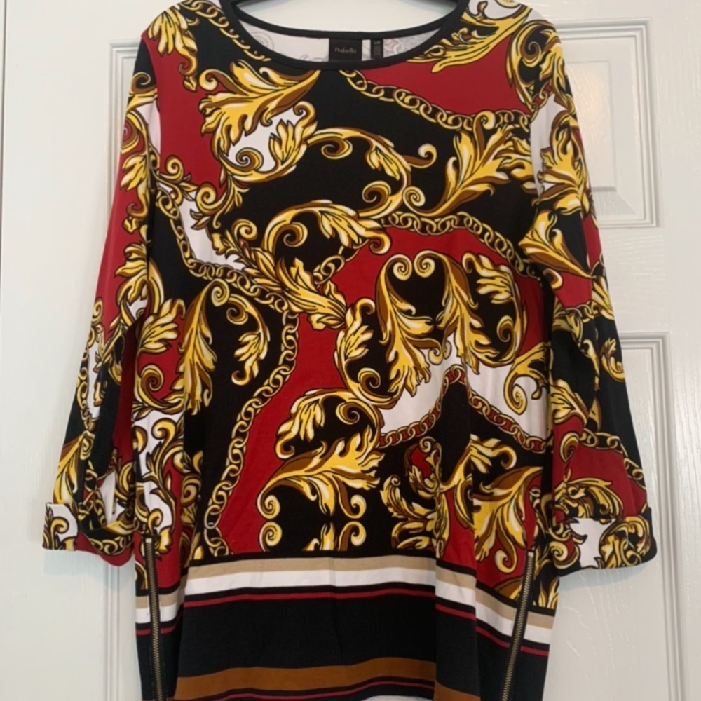 L Rafaella Red Gold Black Patterned LS shirt